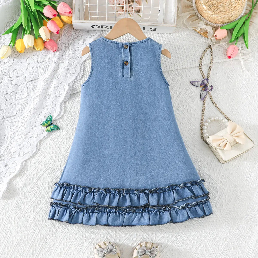 Girls Blue Bow Applique A-line Denim Dress Casual Dresses
