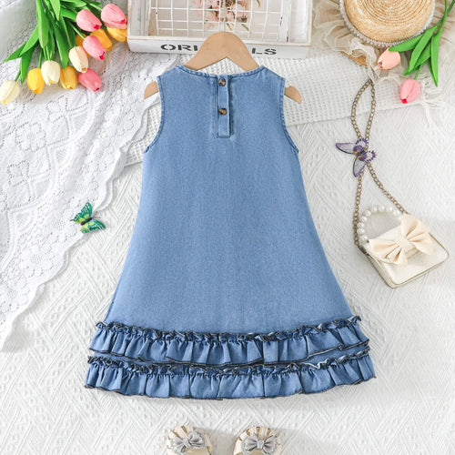 Girls Blue Bow Applique A-line Denim Dress Casual Dresses