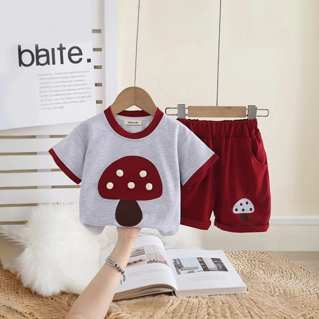 Girls Maroon Mushroom Embroidered T-Shirt With Shorts Set Sets Maroon 1-2 Y