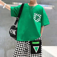 Boys Green Checked Pocket Short Sleeves T-Shirt With Elasticated Shorts Sets Sets