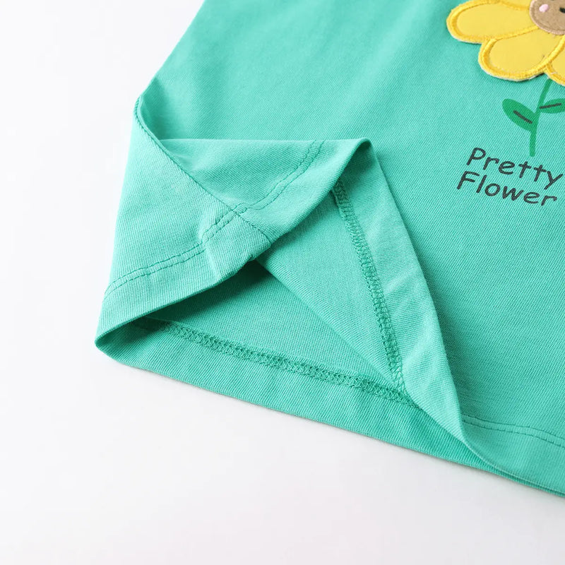 Girls Green Flower Graphic Short Sleeves Top With Printed Shorts Sets Sets