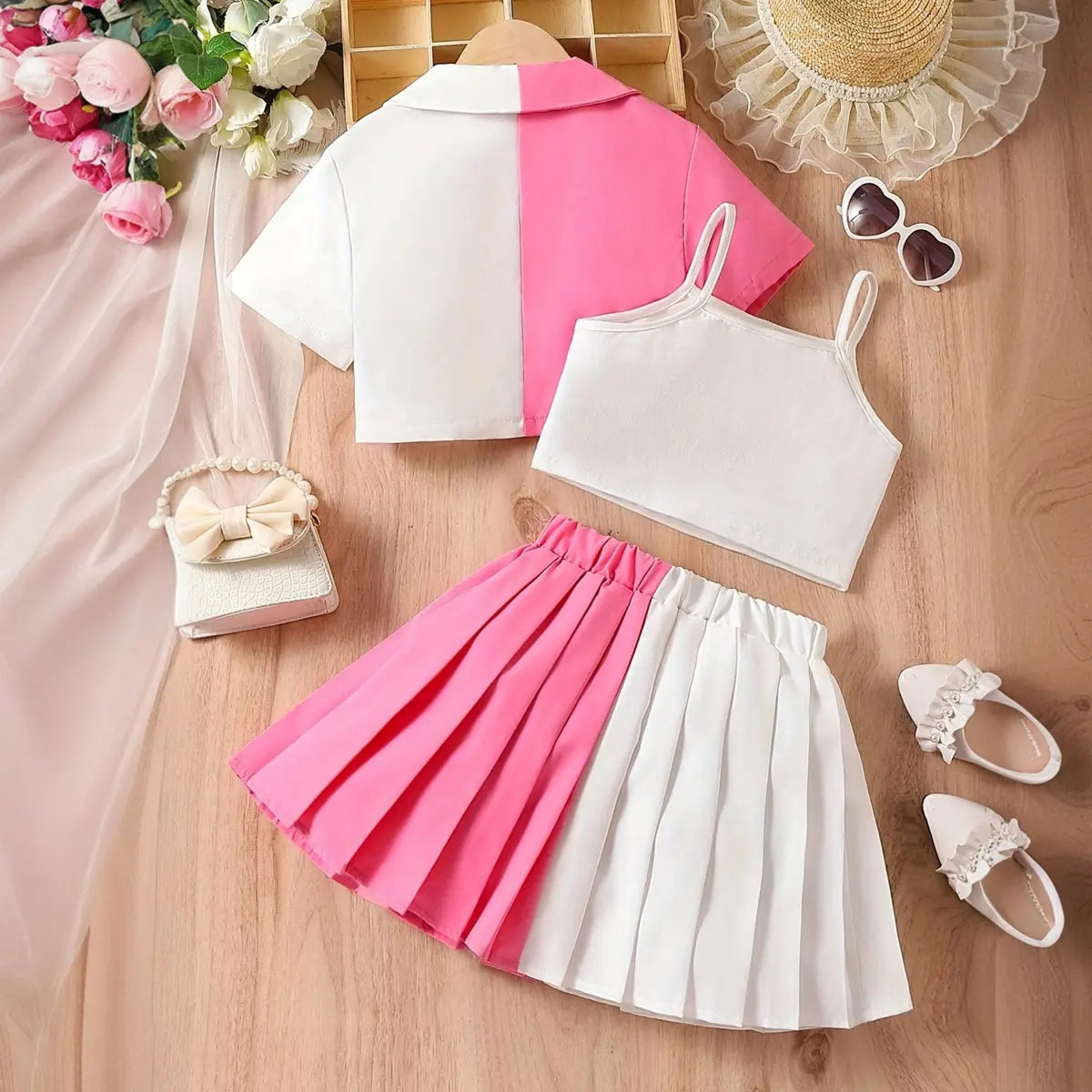 Girls Pink Color-blocked Blazer Top With camisole Top And Pleated Skirt Sets Sets