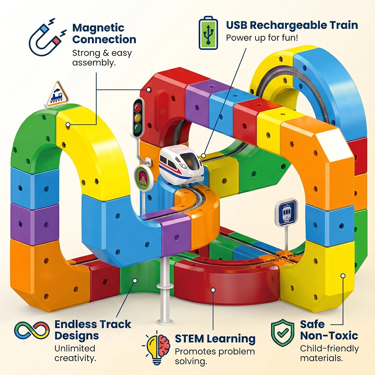 Electric Train Track Set for Kids -3D Anti-Gravity Flexible Tracks with Motorized Train, Traffic Signs & STEM Building Play Trending Accessories