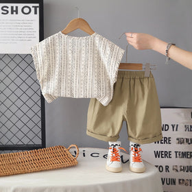 Boys Geometric Pattern Collarless Shirt With Khaki Shorts Set Sets