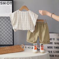 Boys Geometric Pattern Collarless Shirt With Khaki Shorts Set Sets