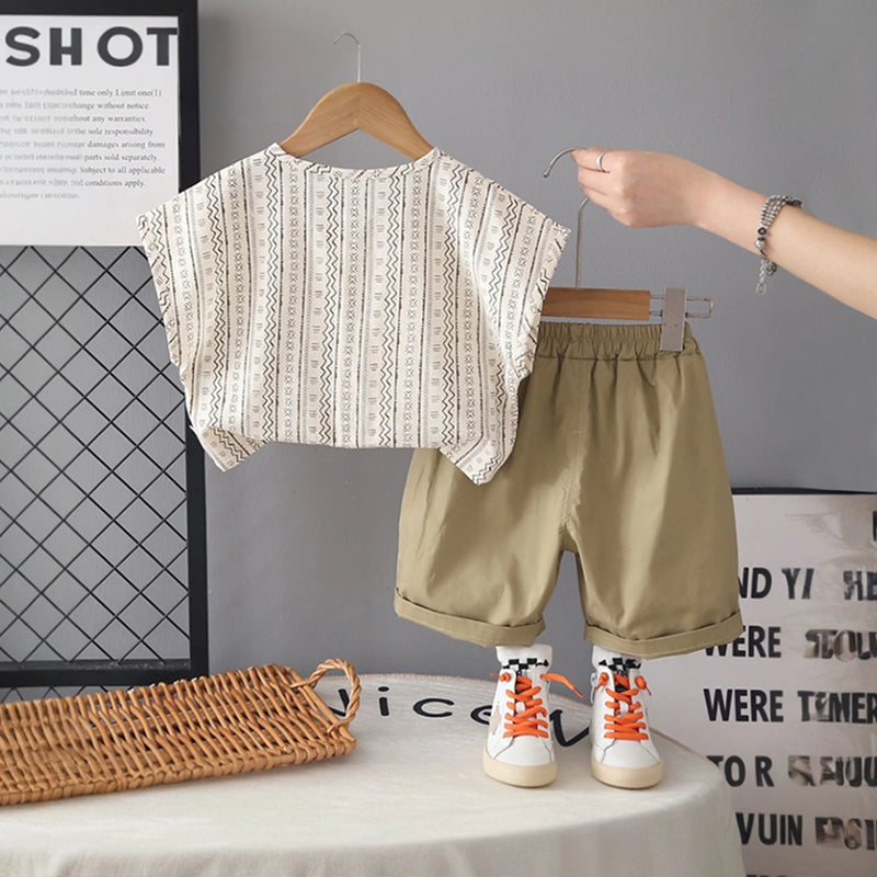 Boys Geometric Pattern Collarless Shirt With Khaki Shorts Set Sets