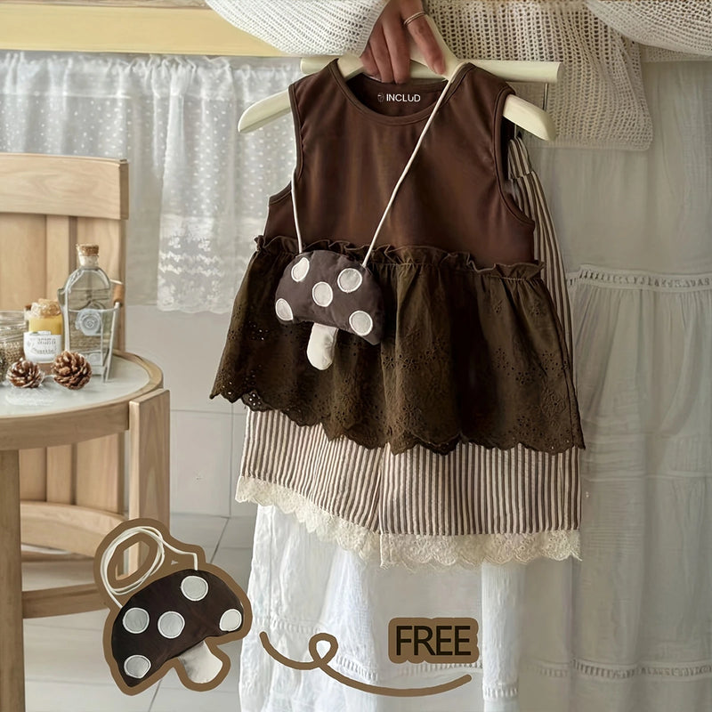 Girls Dark Brown Sleeveless A-Line Top With Stripe Pants & Sling Bag Sets Sets Dark Brown 1-2 Y