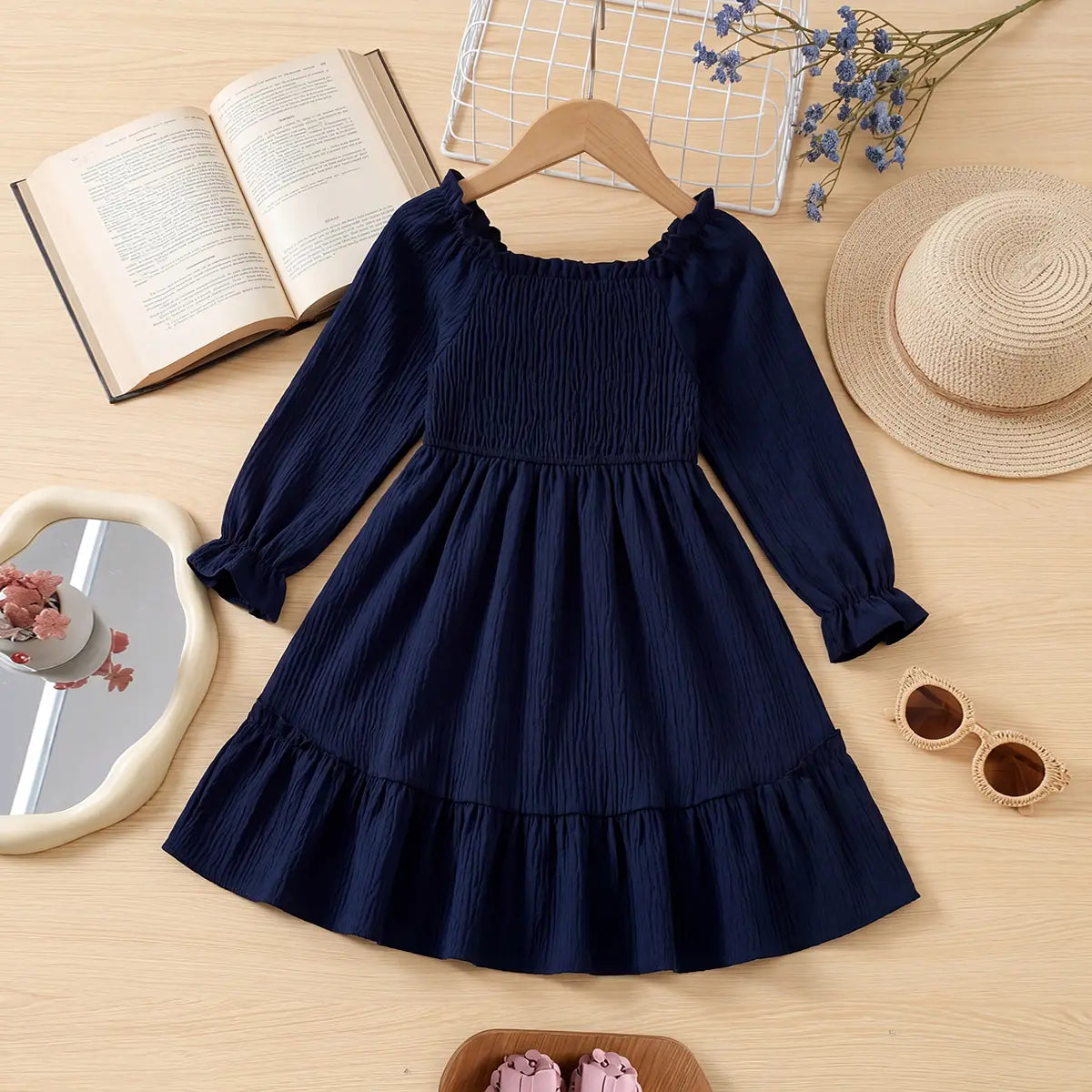 Girls Navy Blue Smocked Yoke Puff Sleeve High-Low Dress Casual Dresses