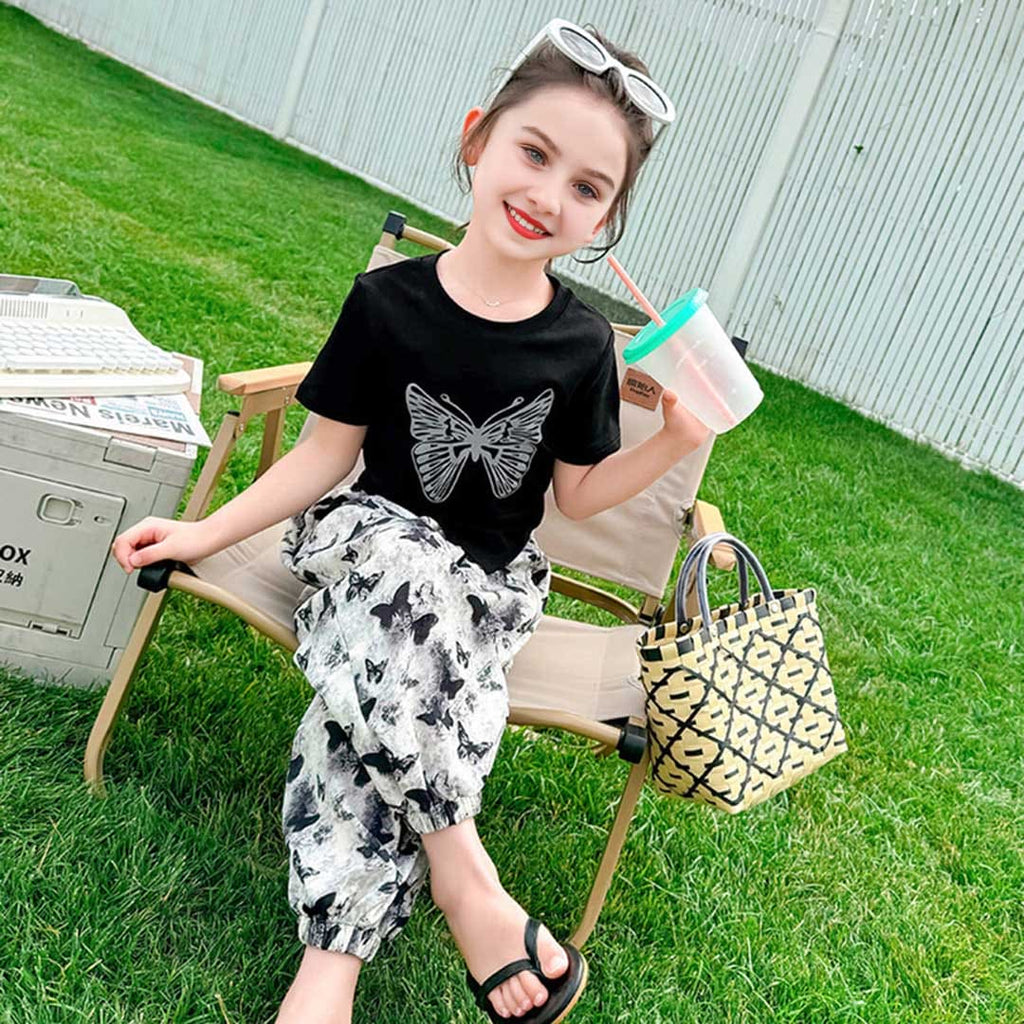 Girls Butterfly Print Short Sleeves T-Shirt With Printed Jogger Set