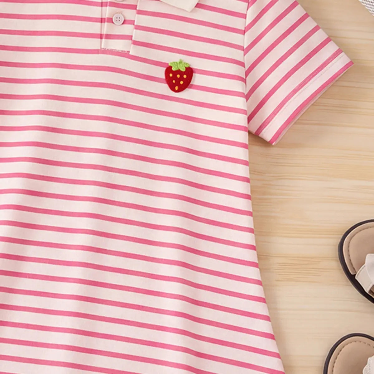 Girls Pink Striped Strawberry Applique Puff Sleeve Polo Dress Casual Dresses