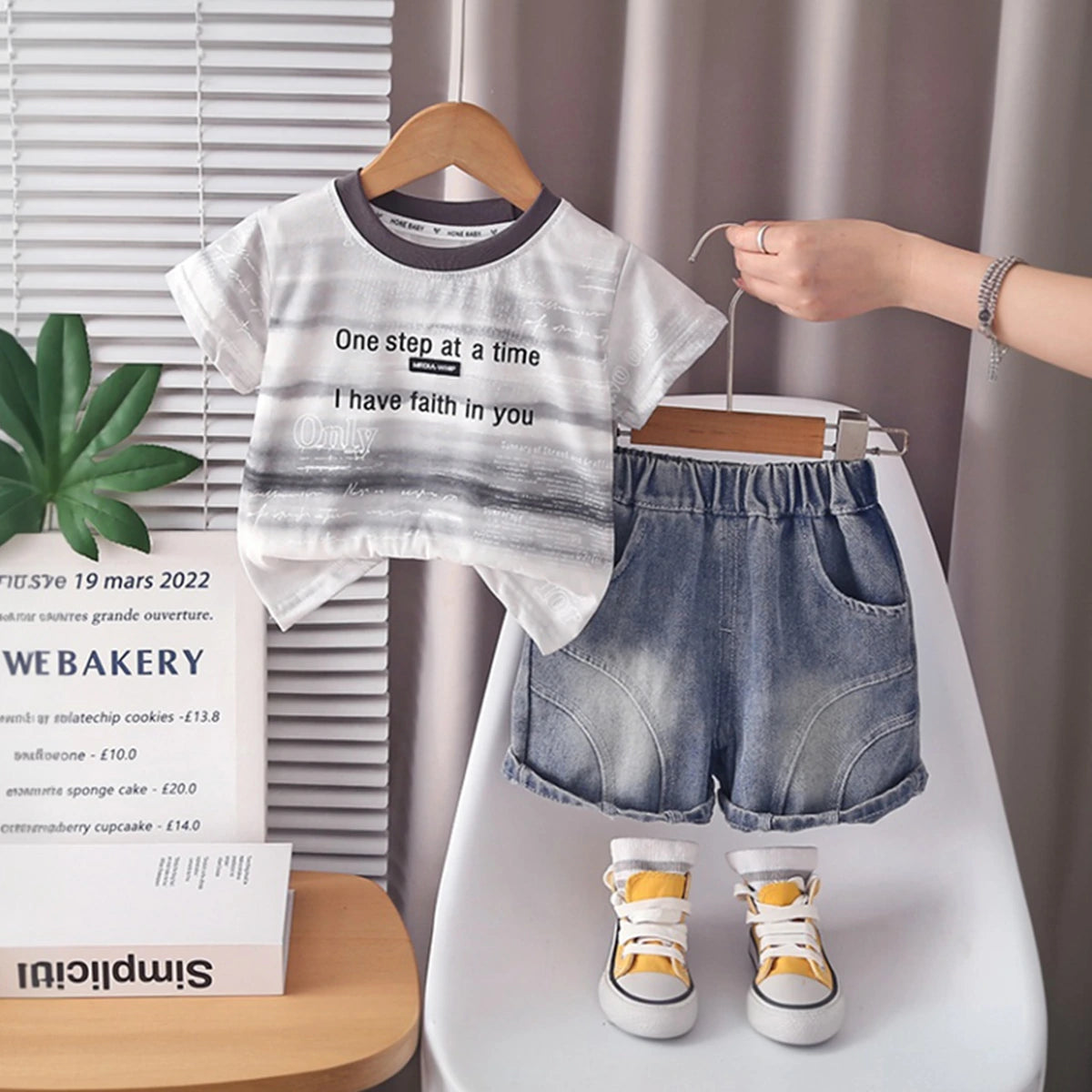 Boys Grey Typographic Print T-Shirt With Denim Shorts Set Sets Grey 1-2 Y