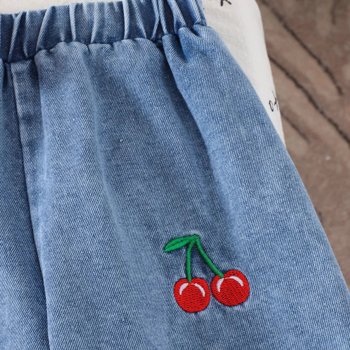 Girls Red Flutter Sleeve Top With Cherry Embroidered Denim Pants Sets 2 pc. Sets