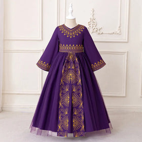 Girls Purple Printed Fit & Flare Dress With Long Sleeves Casual Dresses Purple 3-4 Y