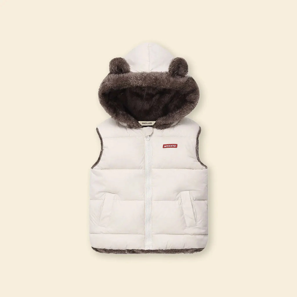 Boys Off White Sleeveless Hooded Puffer Vest With Faux-fur Trim Coats & Jackets