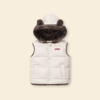 Boys Off White Sleeveless Hooded Puffer Vest With Faux-fur Trim Coats & Jackets
