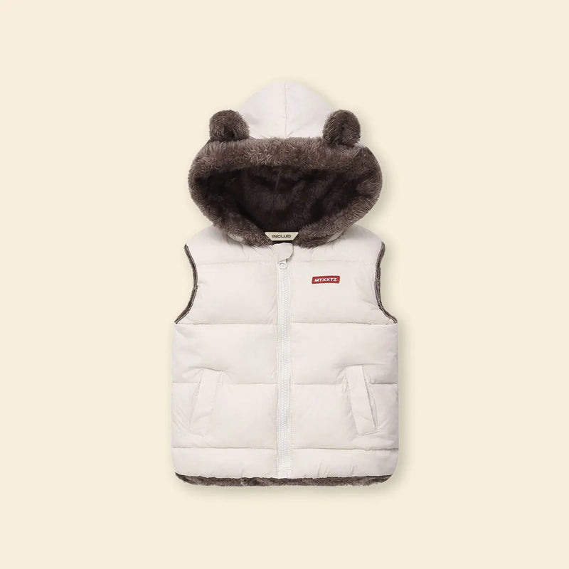 Boys Off White Sleeveless Hooded Puffer Vest With Faux-fur Trim Coats & Jackets