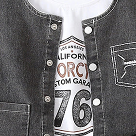 Boys Black Denim Sleeveless Vest & Shorts With Printed T-Shirt Sets Sets