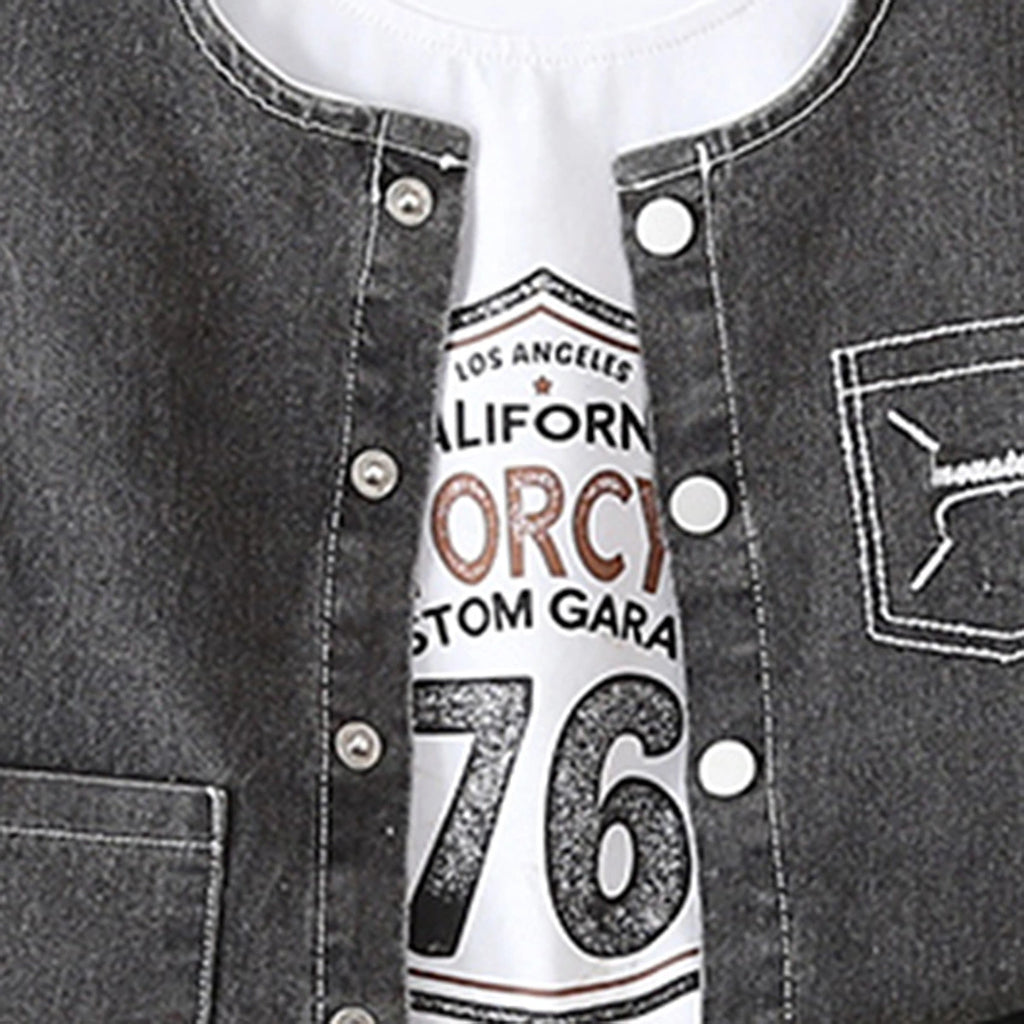 Boys Black Denim Sleeveless Vest & Shorts With Printed T-Shirt Sets Sets
