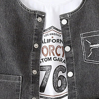 Boys Black Denim Sleeveless Vest & Shorts With Printed T-Shirt Sets Sets