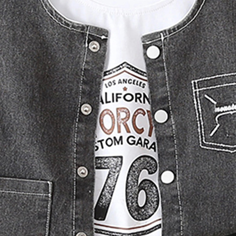 Boys Black Denim Sleeveless Vest & Shorts With Printed T-Shirt Sets Sets