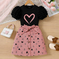 Girls Black Knitted Puff Sleeves Top With Heart Print Skirts Set Sets Black 7-8 Y