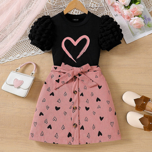 Girls Black Knitted Puff Sleeves Top With Heart Print Skirts Set Sets Black 7-8 Y