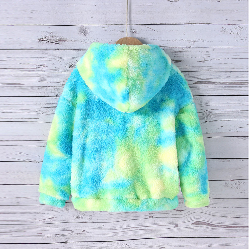 Girls Green Tie Dye Printed Hooded Neck Pullover Winter Sweatshirt Sweatshirts & Hoodies