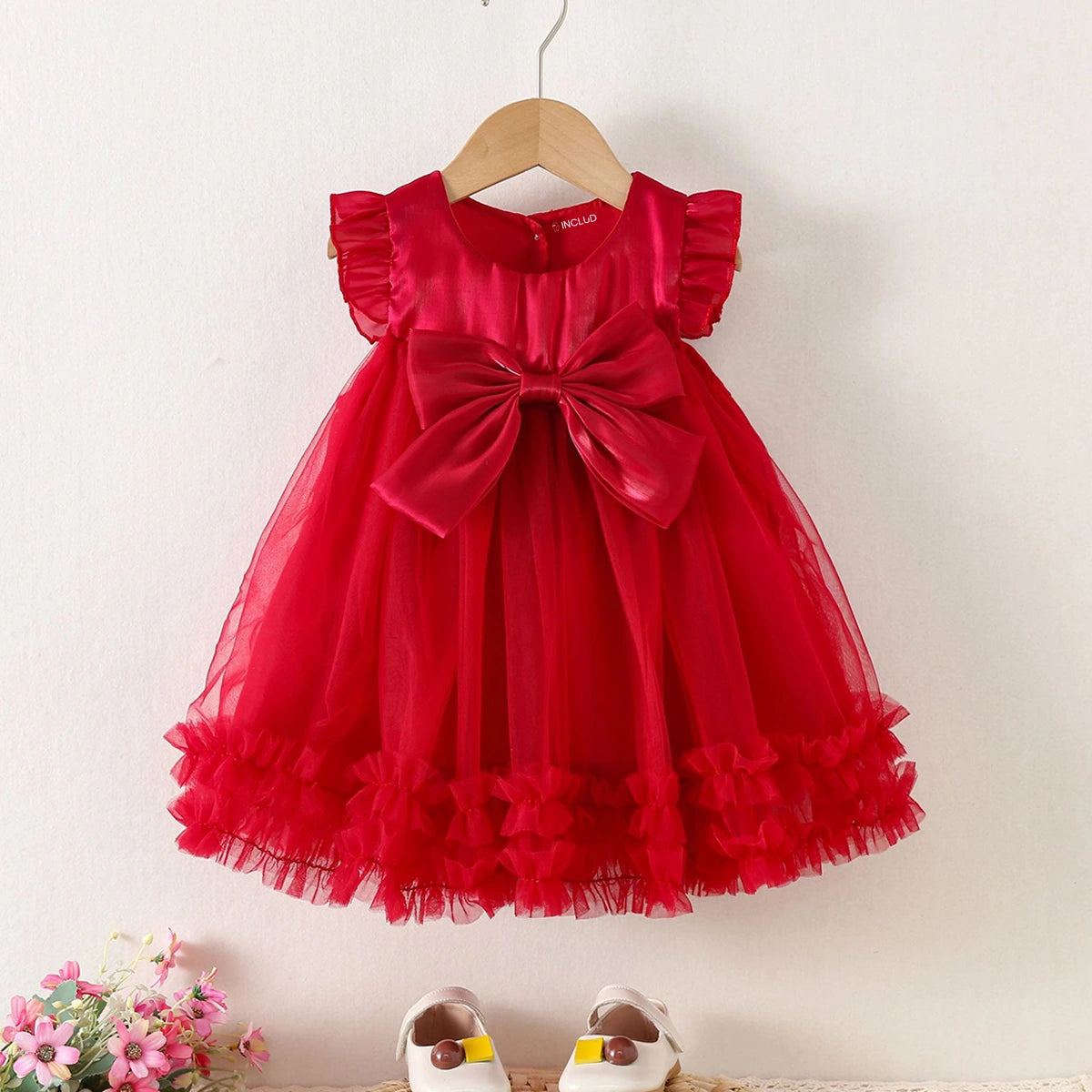 Girls Red Bow Applique Fit & Flare Dress Casual Dresses Red 1-2 Y