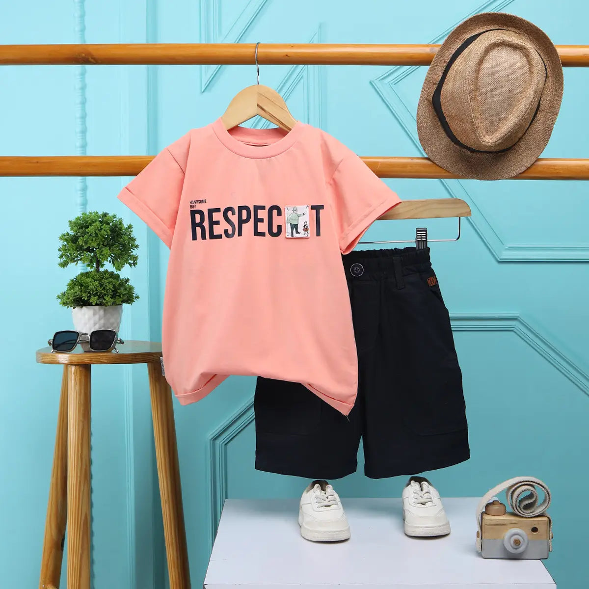 Boys Peach Typographic T-Shirt With Elasticated Shorts Sets 2 pc. Sets Peach 2-3 Y