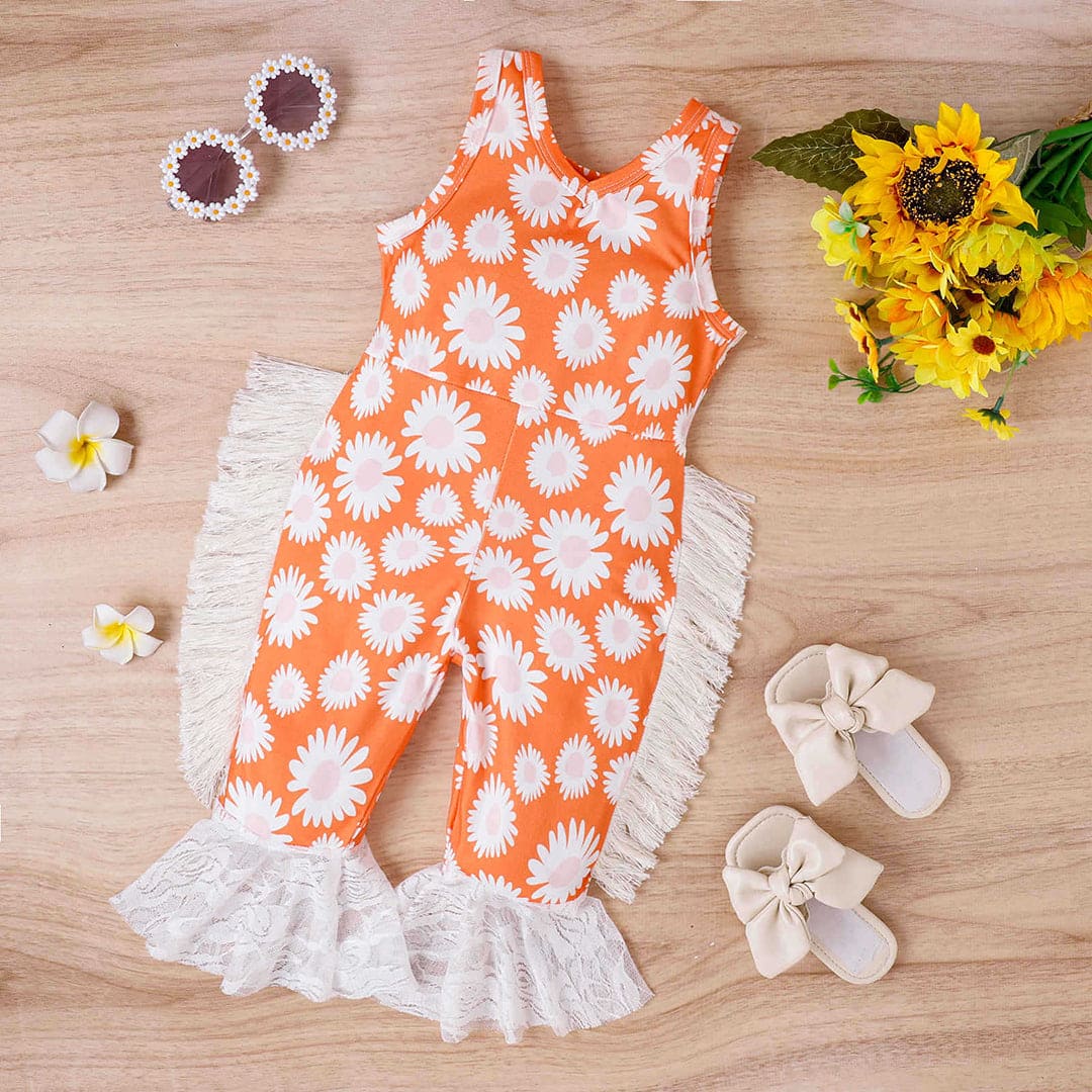 Girls Floral Printed Long Leg Jumpsuit Jumpsuits Orange 1-2 Y 