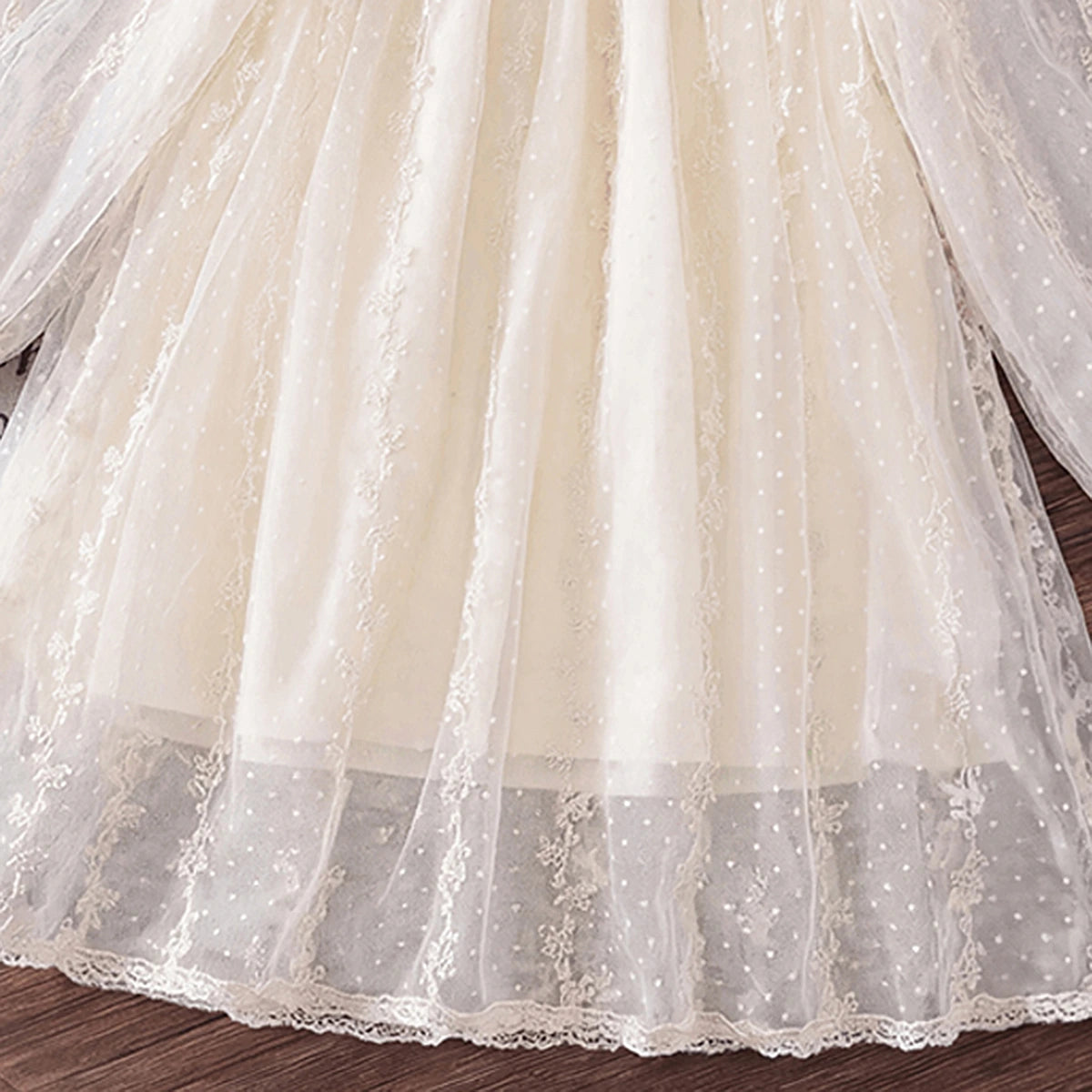Girls Cream Embroidered Sheer Net Puff Sleeve A-Line Dress Casual Dresses