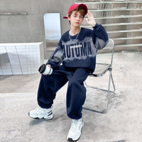 Boys Navy Blue Typographic Printed Sweatshirt With Pants Sets 2 pc. Sets