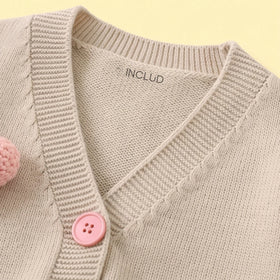 Girls Beige Heart Applique Long Sleeve Cardigan Sweaters & Cardigans