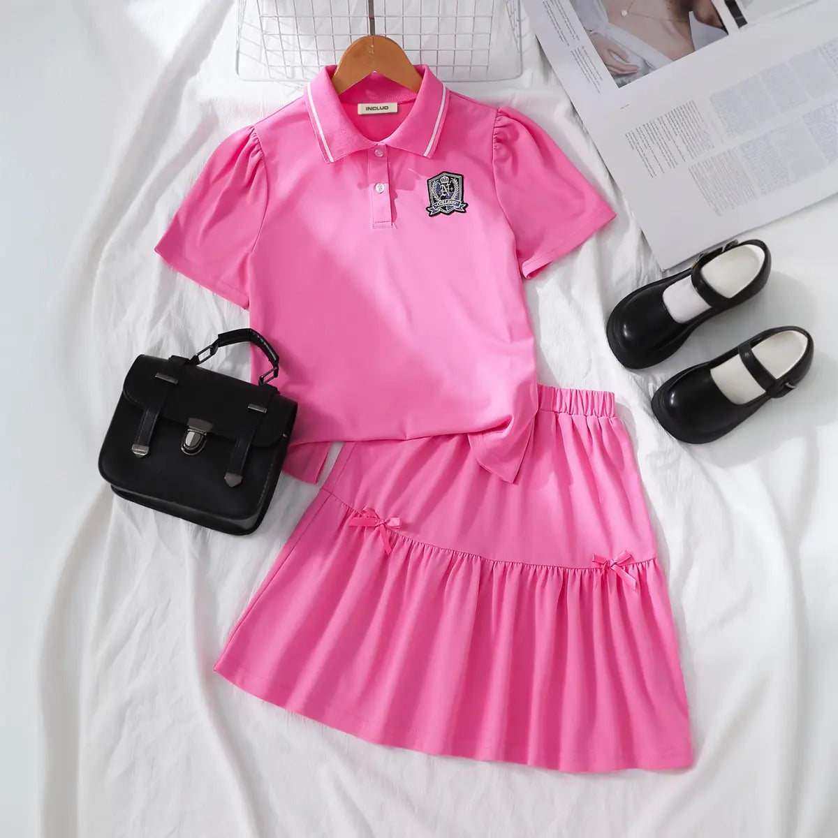 Girls Pink Short Sleeves Polo Top With Skirt Co-ord Sets Sets Pink 7-8 Y