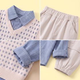 Boys Apricot Geometric Pattern Sweater Vest With Shirt & Joggers Sets Sets
