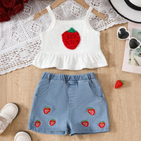 Girls Red Strawberry Embroidered Peplum Top With Denim Shorts Sets Sets Red 3-4 Y