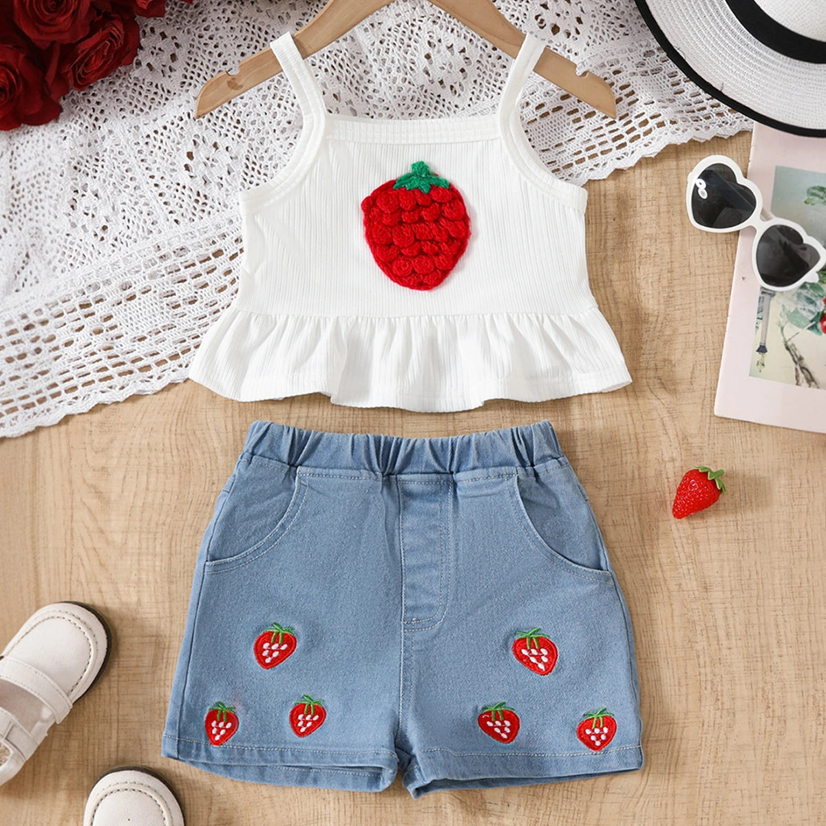Girls Red Strawberry Embroidered Peplum Top With Denim Shorts Sets Sets Red 3-4 Y