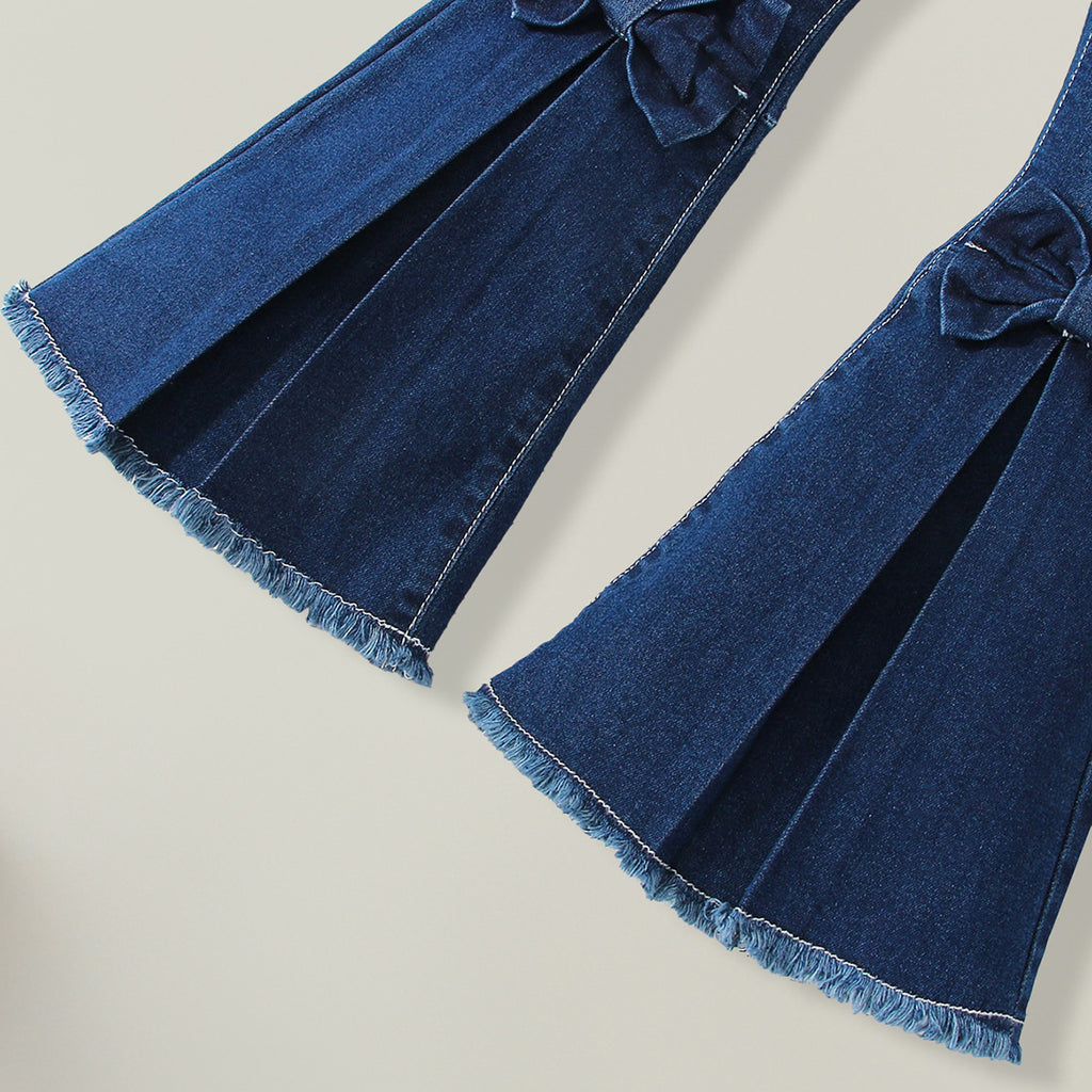 Girls Blue Solid Bow Flared Denim Pants Jeans