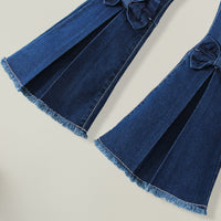 Girls Blue Solid Bow Flared Denim Pants Jeans