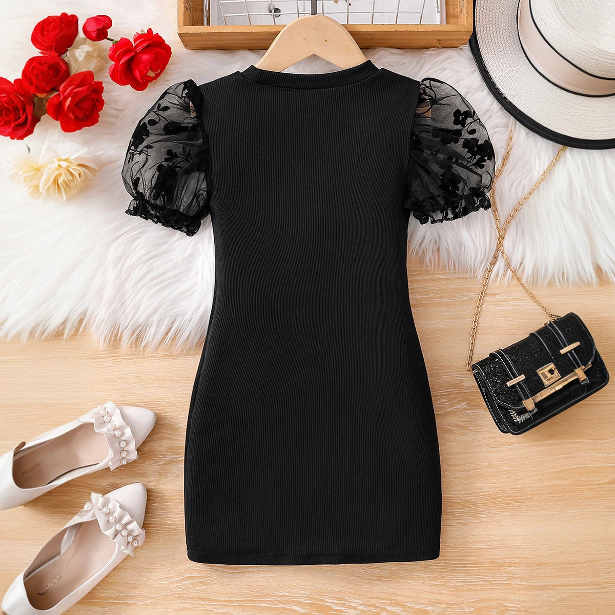 Girls Black Puff Sleeve Ribbed Bodycon Dress Casual Dresses