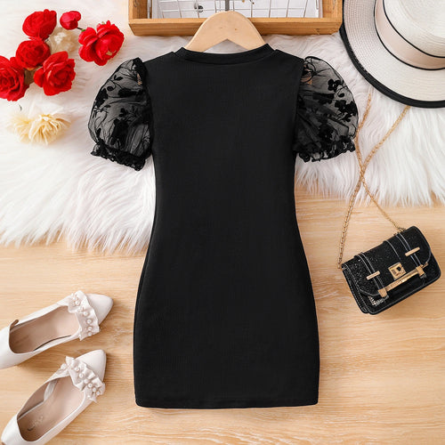 Girls Black Puff Sleeve Ribbed Bodycon Dress Casual Dresses