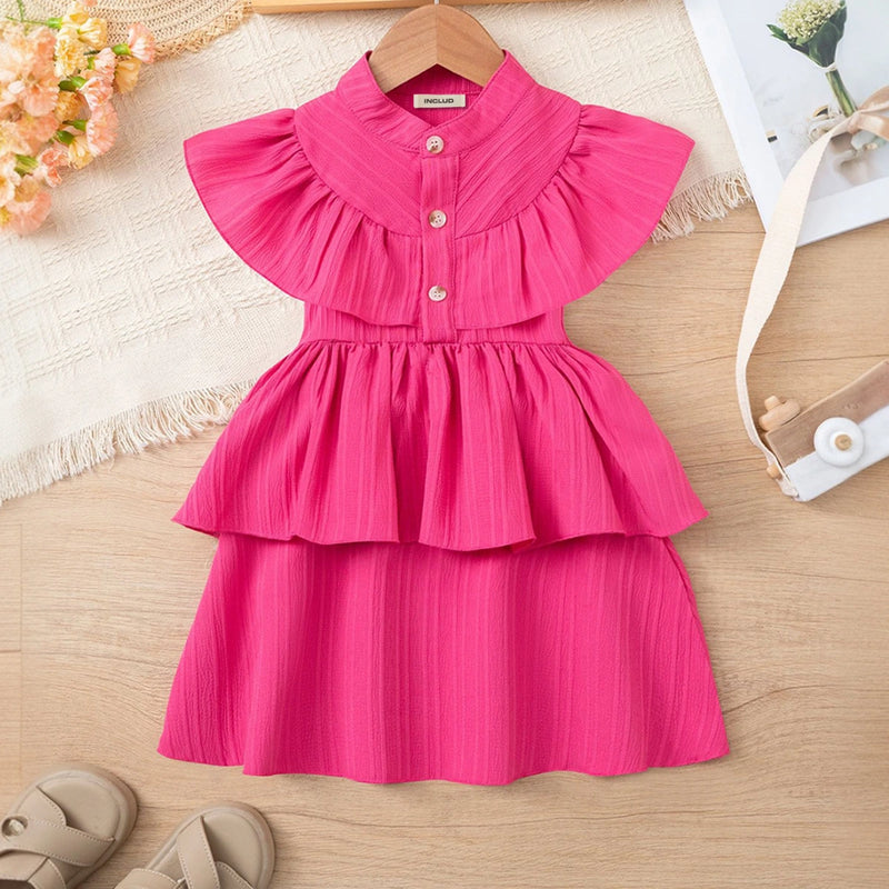 Girls Fuchsia Self Stripes Layered Dress With Button Details Casual Dresses Fuchsia 1-2 Y