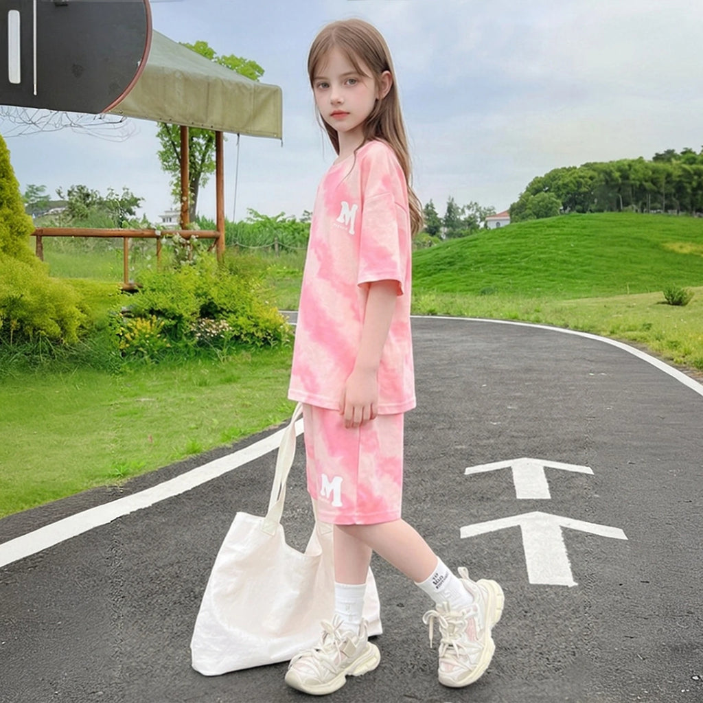 Girls Pink Tie-Dye T-shirts With Elasticated Shorts Sets Sets