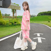 Girls Pink Tie-Dye T-shirts With Elasticated Shorts Sets Sets
