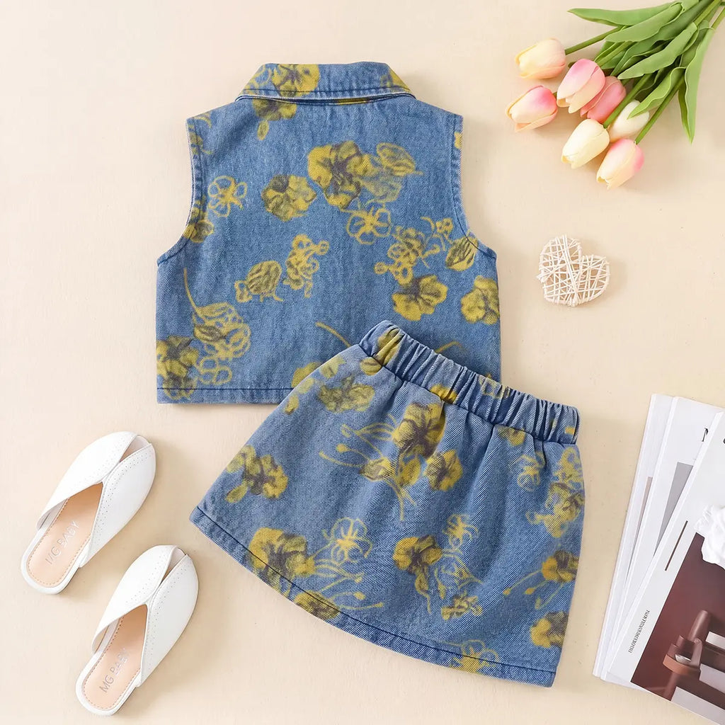 Girls Blue Floral Printed Sleeveless Denim Top With Elasticated Denim Skirt Sets 2 pc. Sets