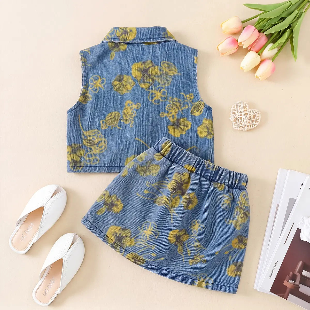 Girls Blue Floral Printed Sleeveless Denim Top With Elasticated Denim Skirt Sets 2 pc. Sets