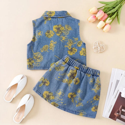 Girls Blue Floral Printed Sleeveless Denim Top With Elasticated Denim Skirt Sets 2 pc. Sets