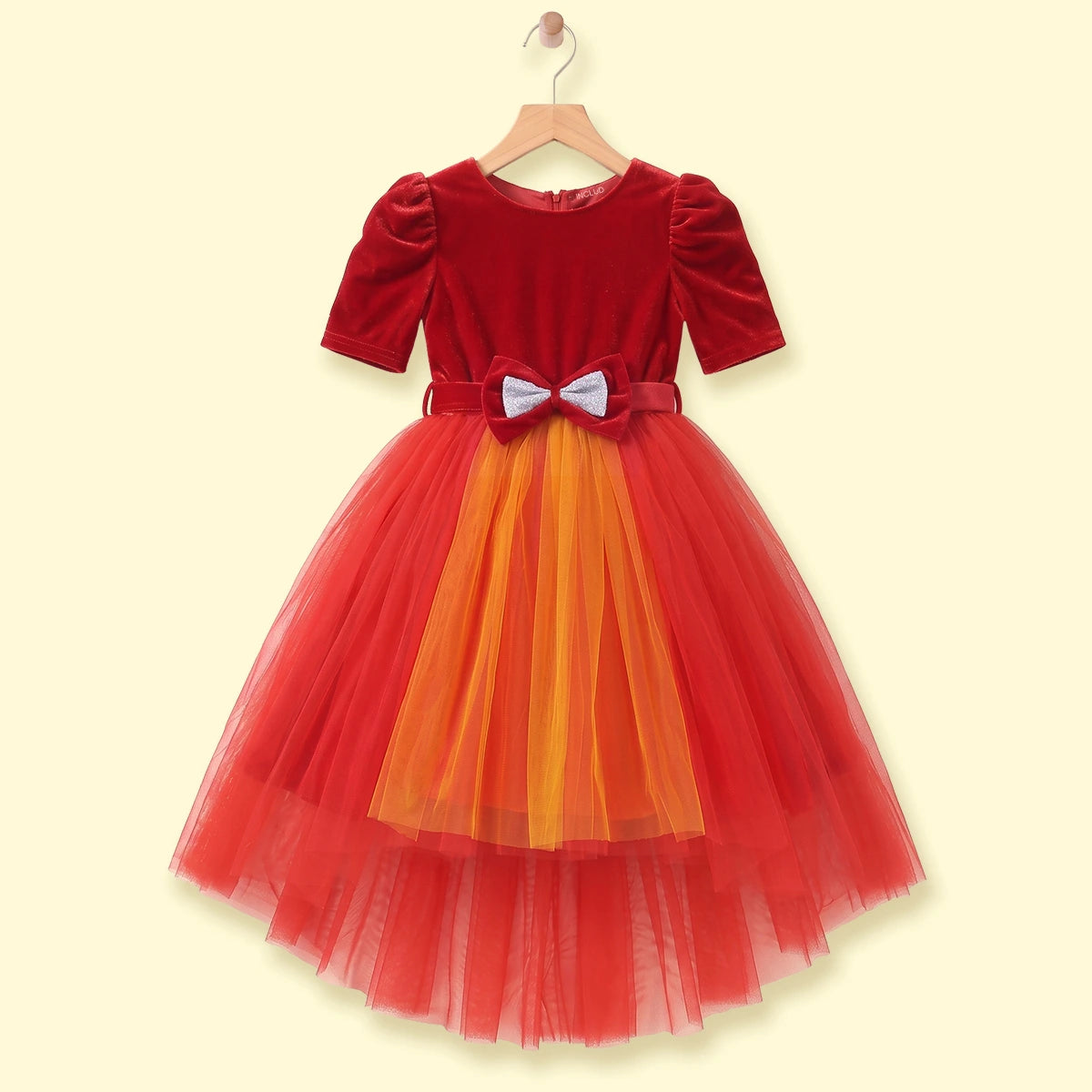 Girls Red Puff Sleeve Bow Accent High-Low Party Dress Party Dresses Red 1-2 Y
