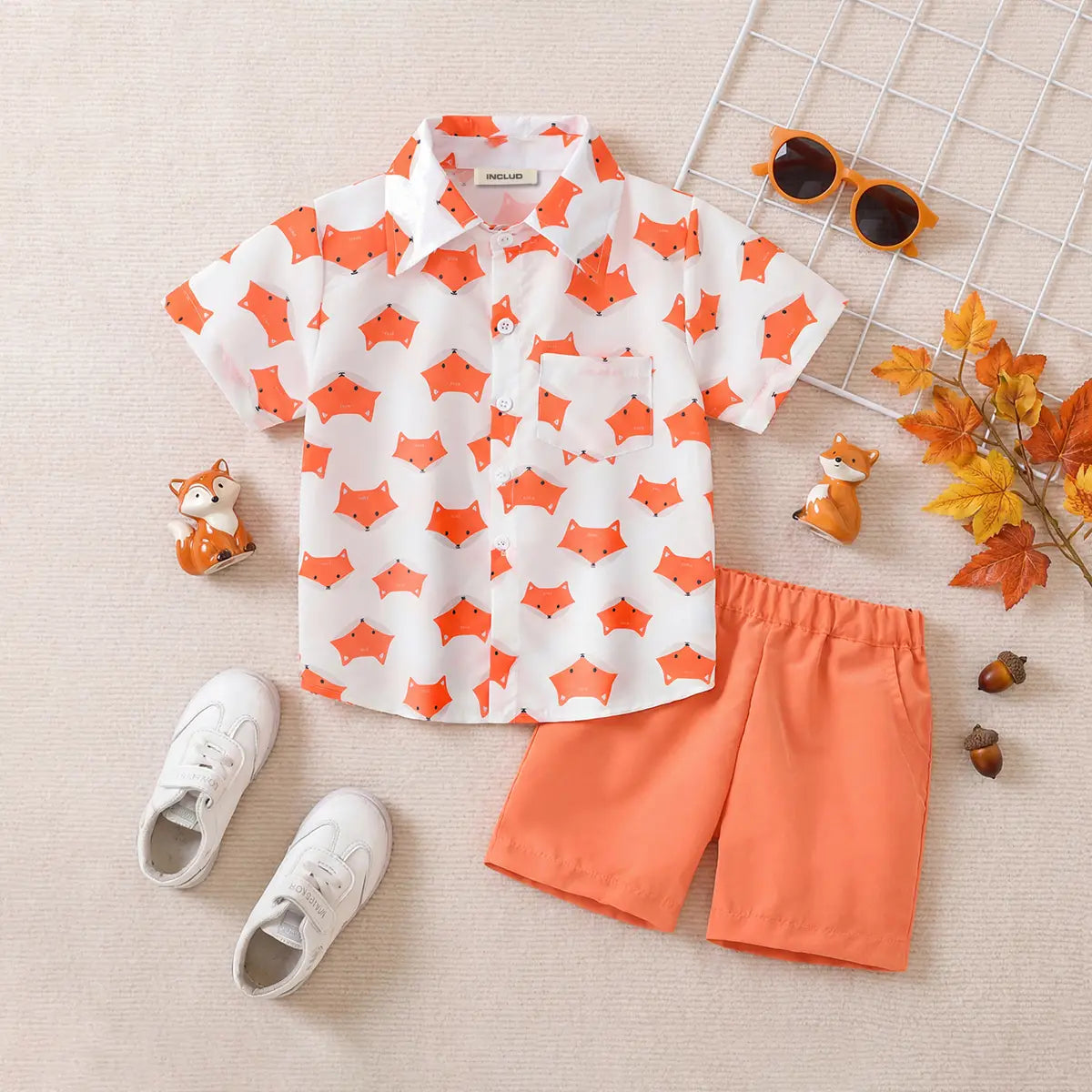 Boys Orange Abstract Print Short Sleeves Button-Down Shirt With Shorts Set Sets Orange 1-2 Y