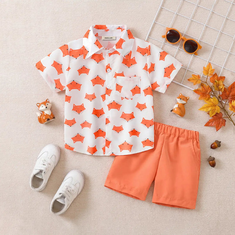 Boys Orange Abstract Print Short Sleeves Button-Down Shirt With Shorts Set Sets Orange 1-2 Y